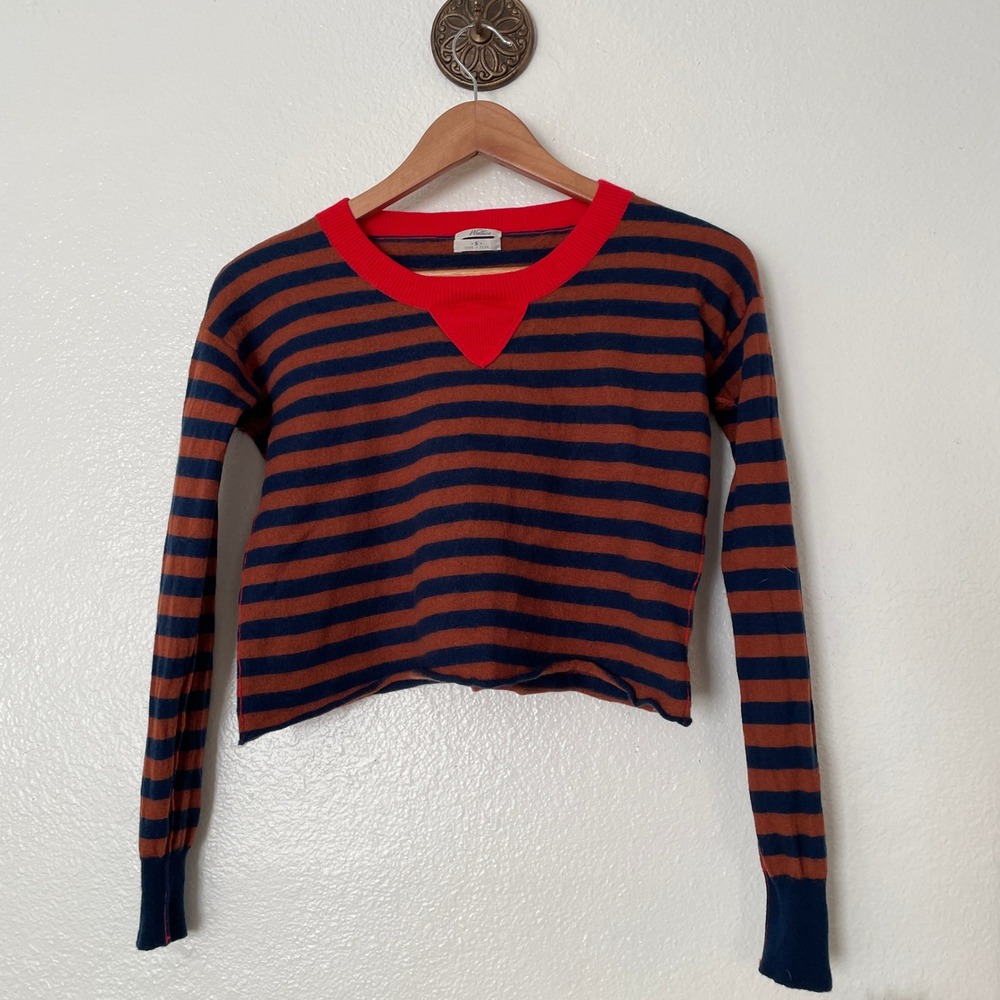 Wallace Striped V Neck Cropped Sweater Blue Brown Red Women's‎ Size S